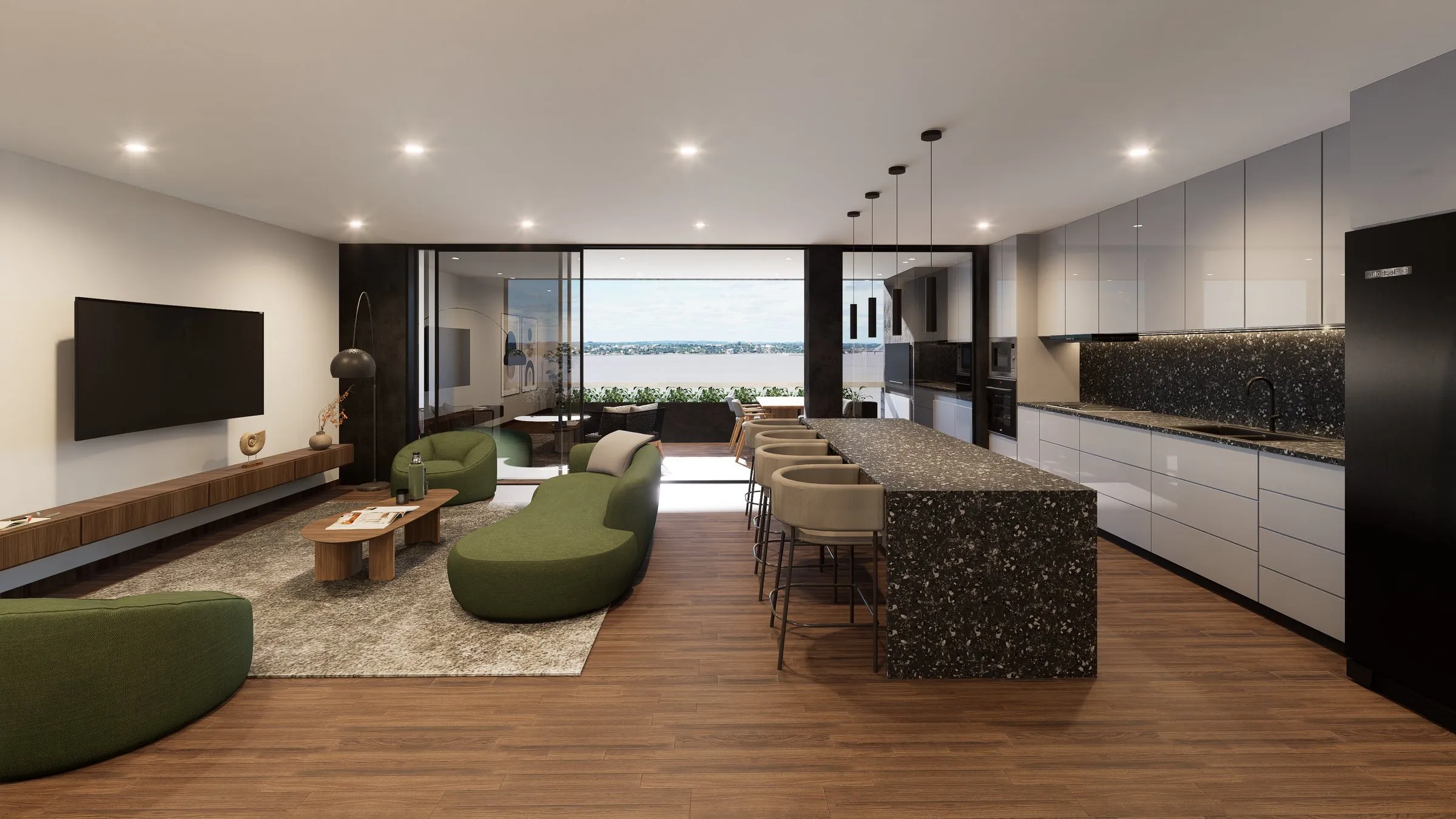 Living y cocina integrados con vista al río