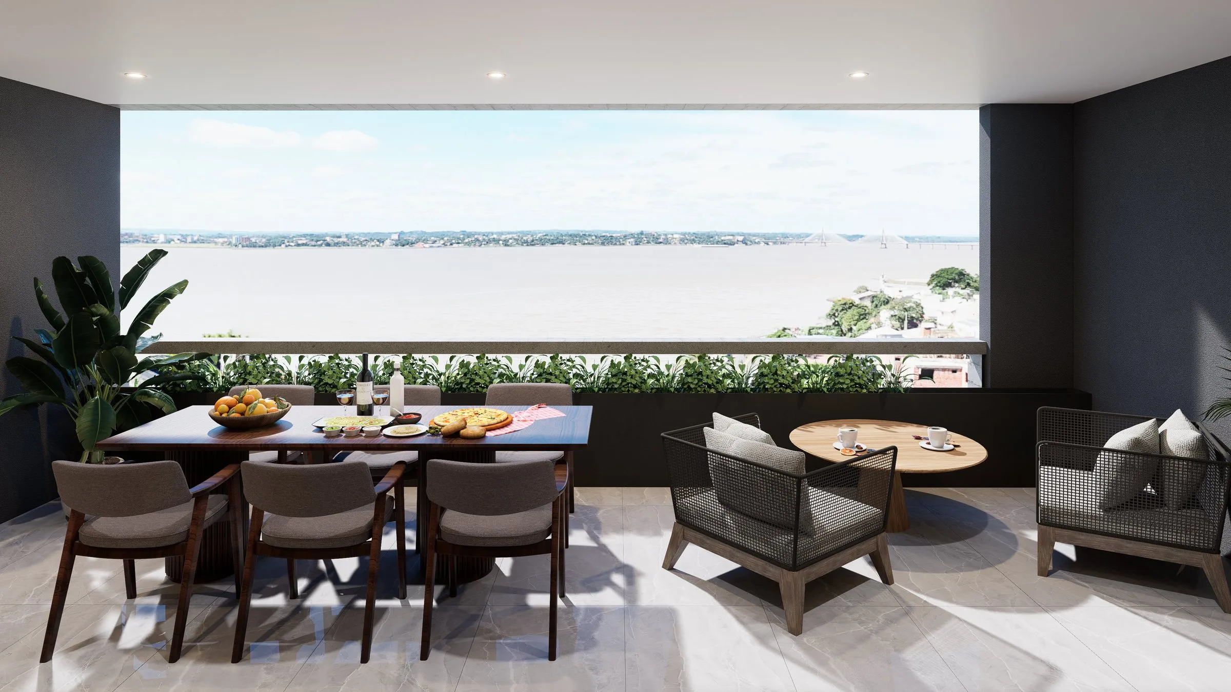 Balcón con comedor y vista al río