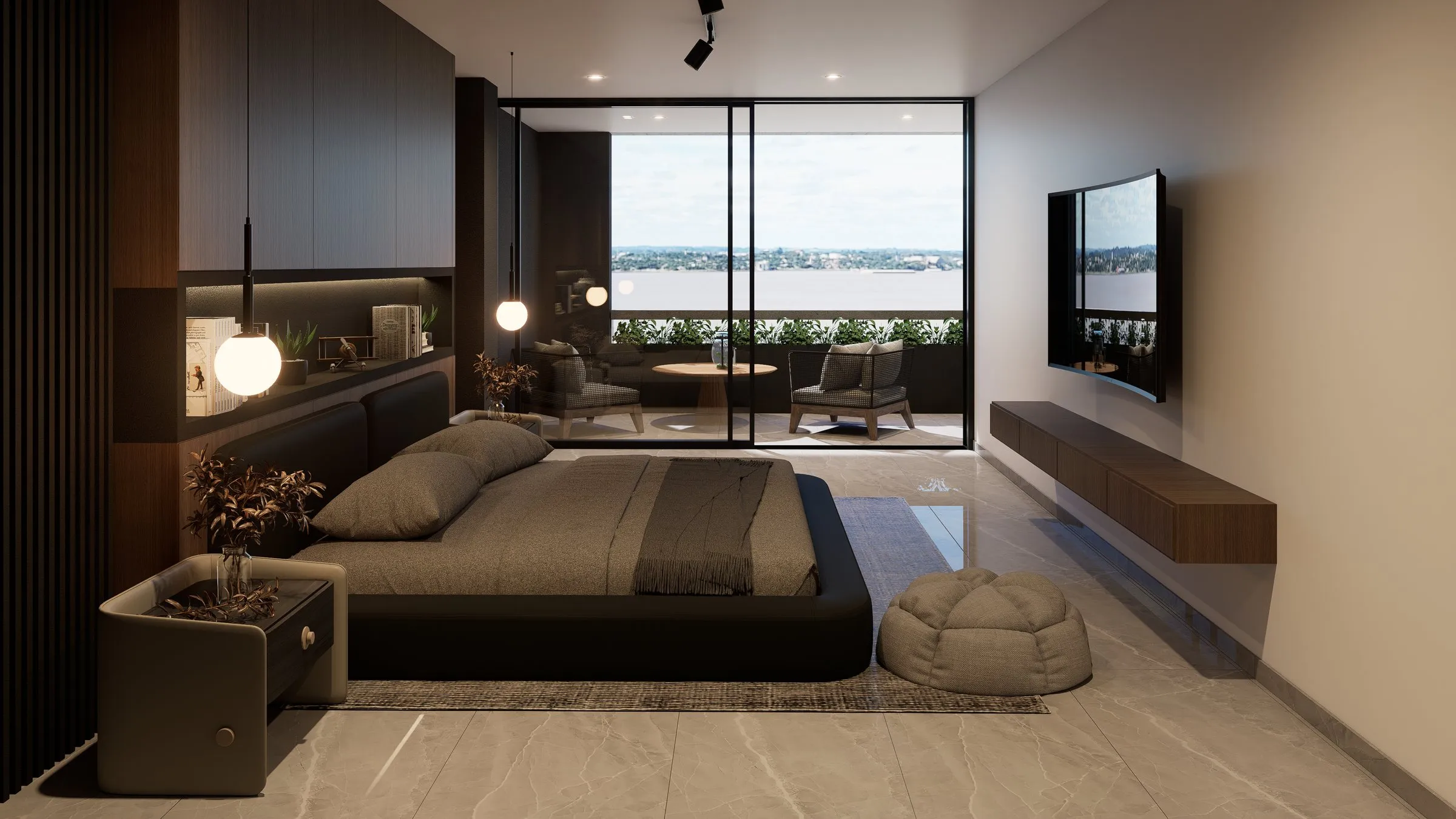 Dormitorio principal con balcón y vista al río