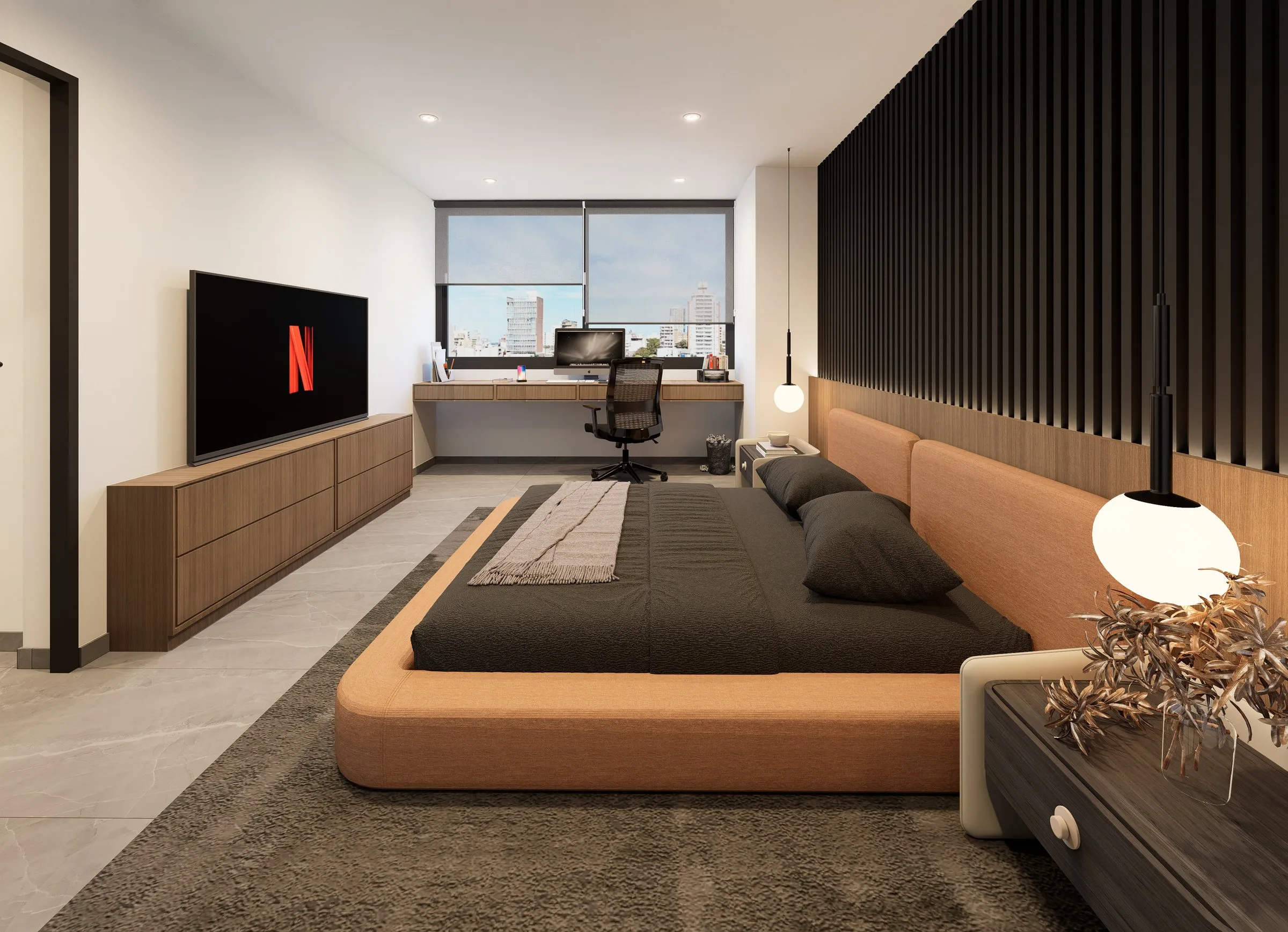 Dormitorio con escritorio y vista a la ciudad