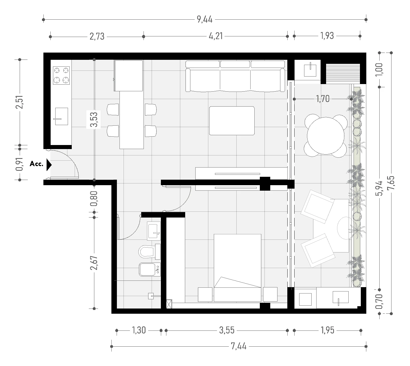 Planta de la Unidad B, departamento de 2 ambientes de Casa Palmier