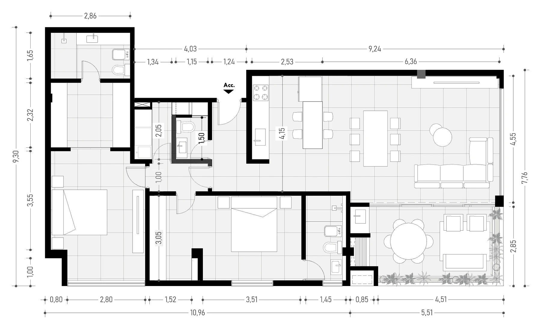 Planta de la Unidad F, departamento de 3 ambientes de Casa Palmier